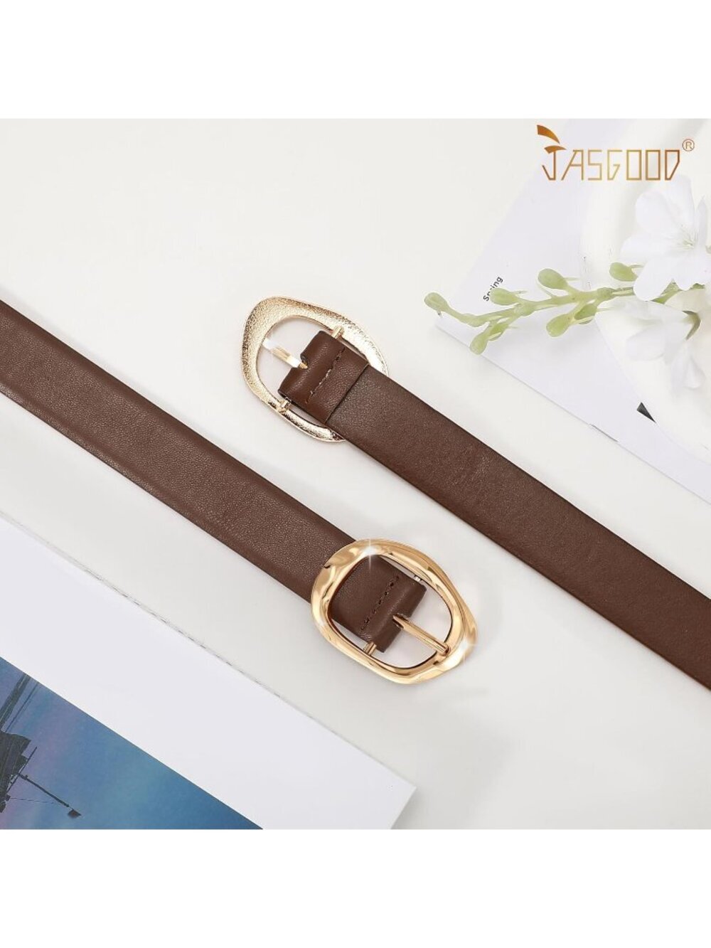 Women's Coffee Black Faux Leather Casual Waist Stylish Fashion Belt Gold Buckle - Picture 3 of 5
